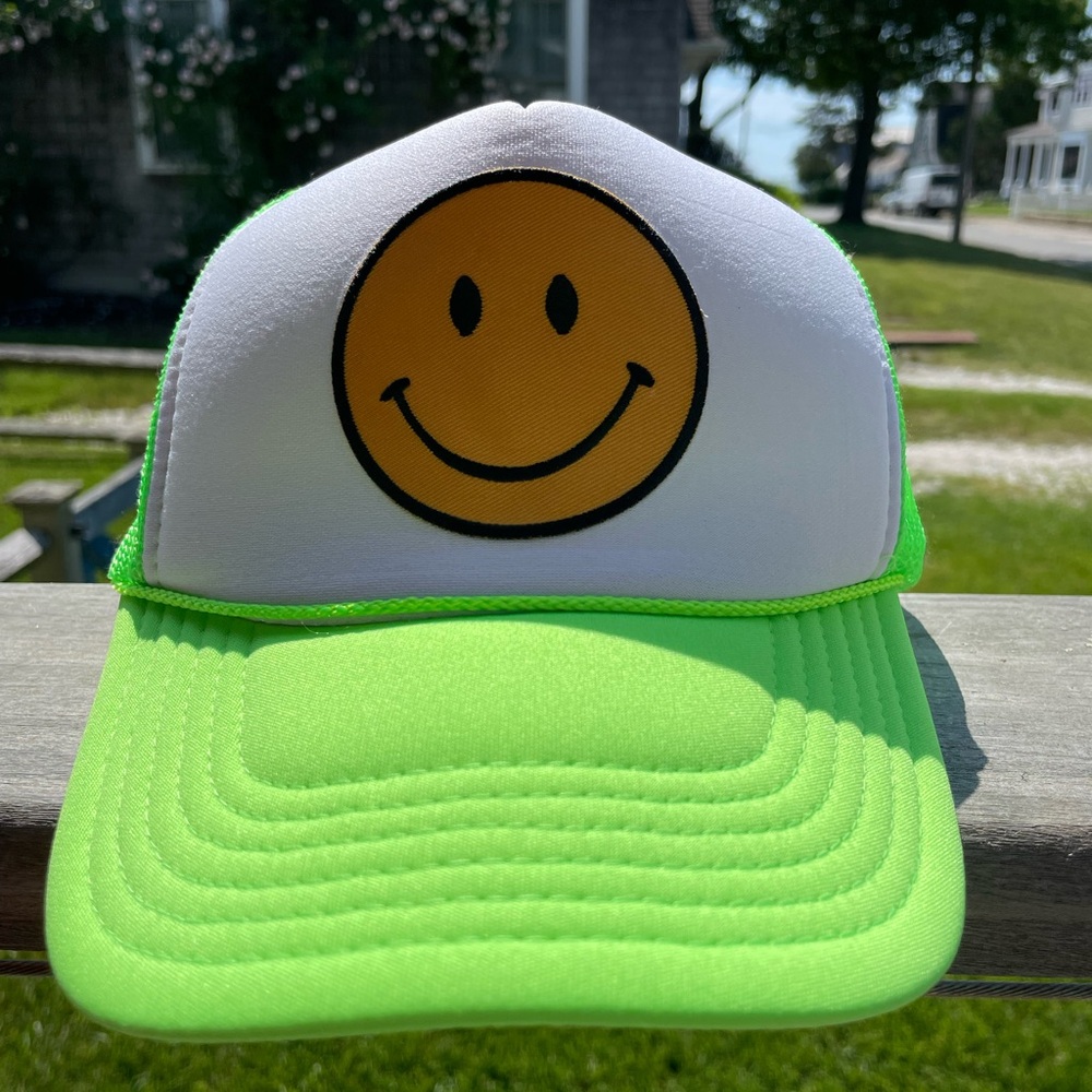 OTTO Neon Green and White Trucker Hat with Yellow Smiley Patch